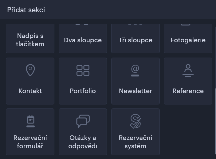 webnode sekce, otázky a odpovědi, rezervační formulář