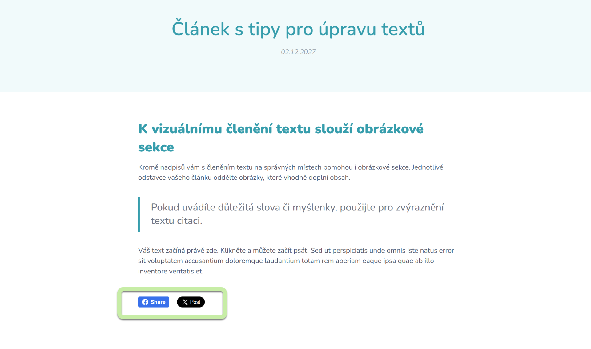 Zobrazení tlačítek pro sdílení článku na Facebooku a X